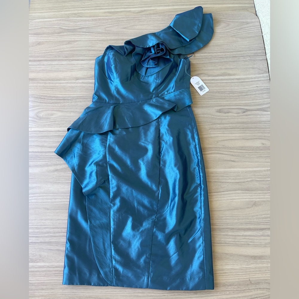 Jessica Simpson Teal One-Shoulder Satin Dress with Ruffle Accent